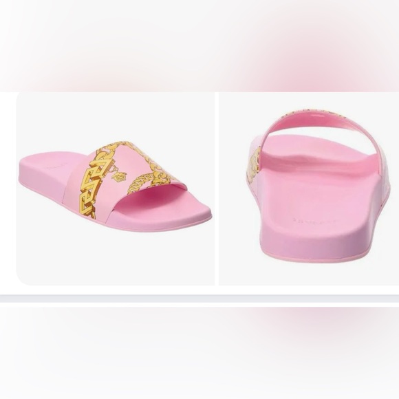Versace Lavender Slides with Gold Chain Accent - Picture 1 of 9